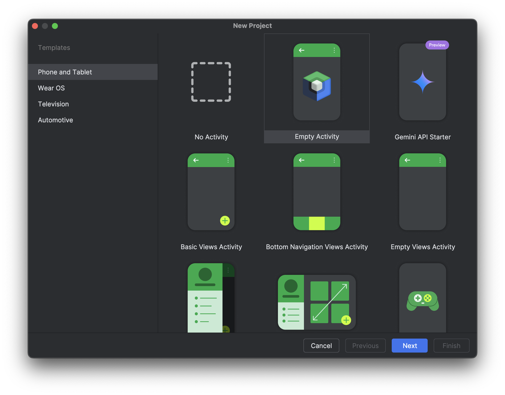 The new project wizard