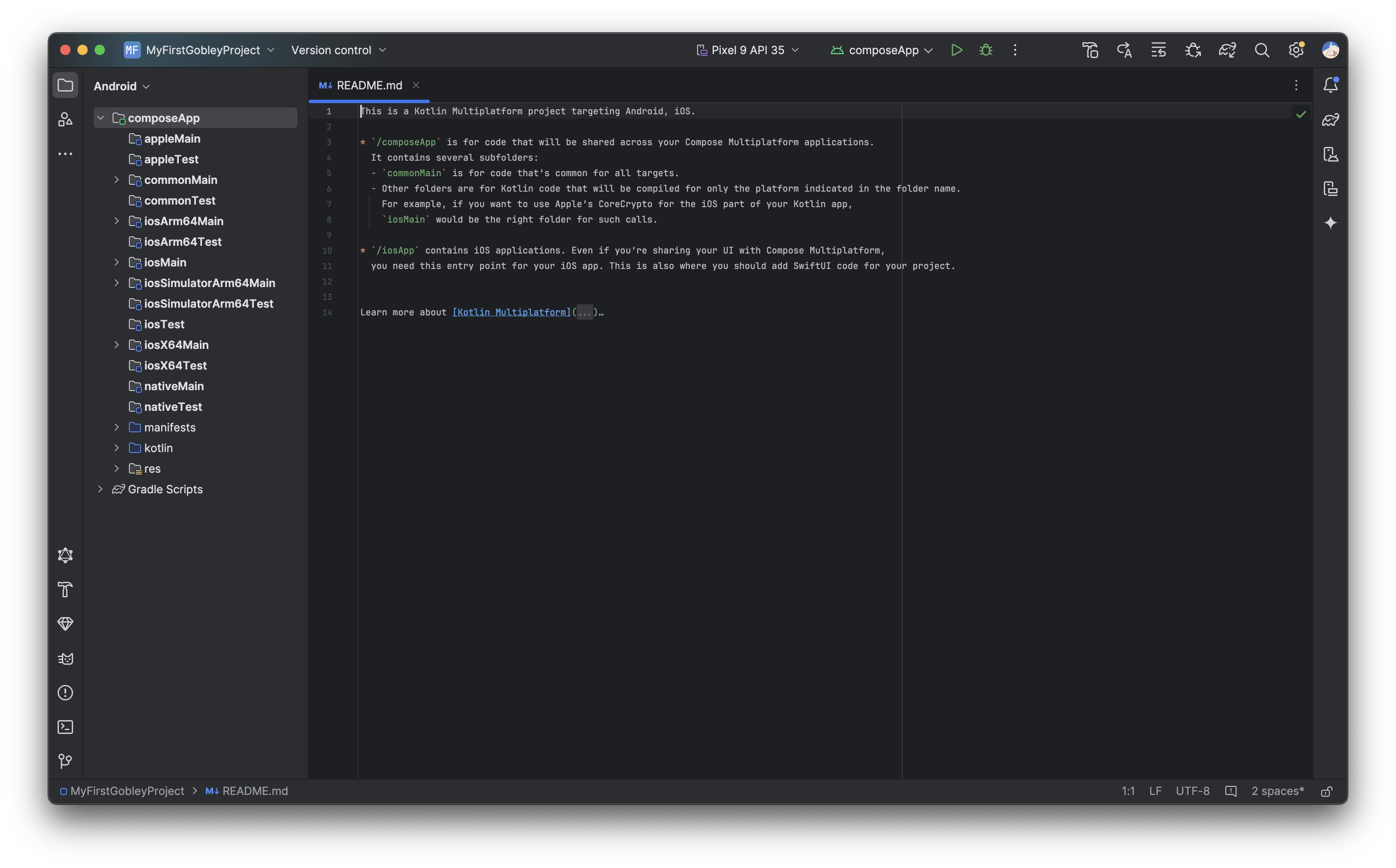 The Android Studio screen after opening the downloaded project