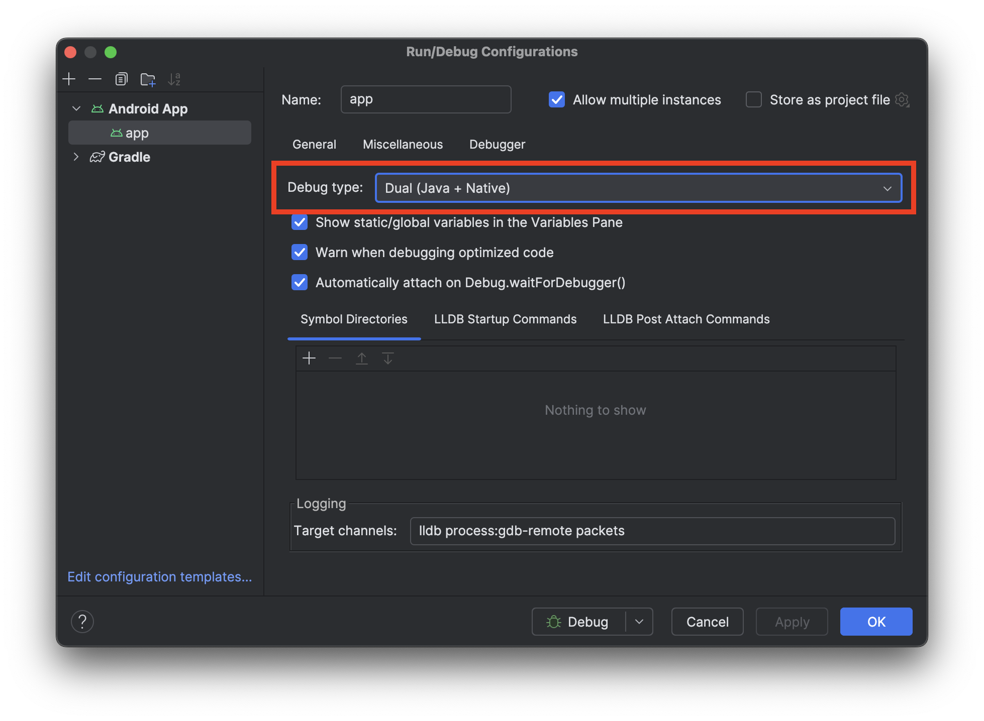The native debugger settings in Android Studio