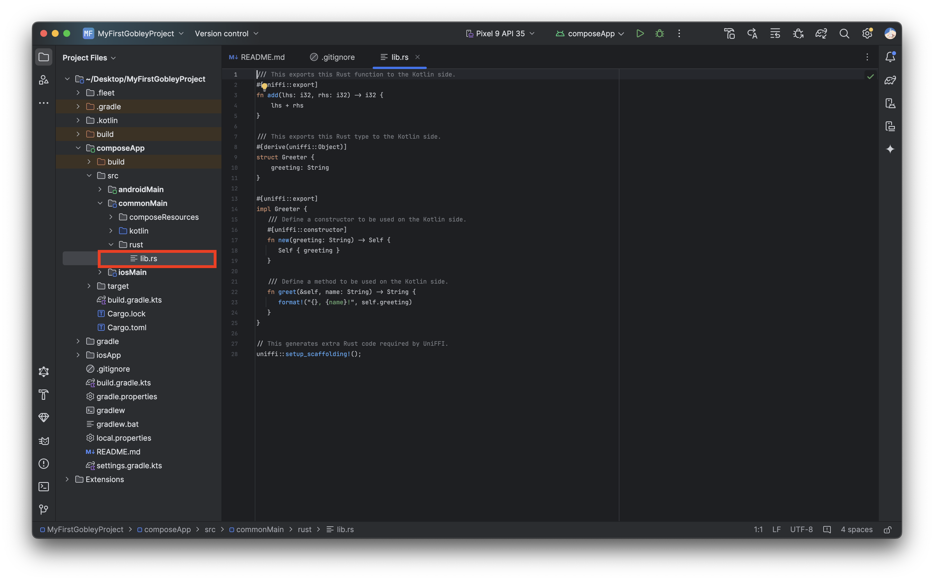 The Android Studio screen after moving lib.rs