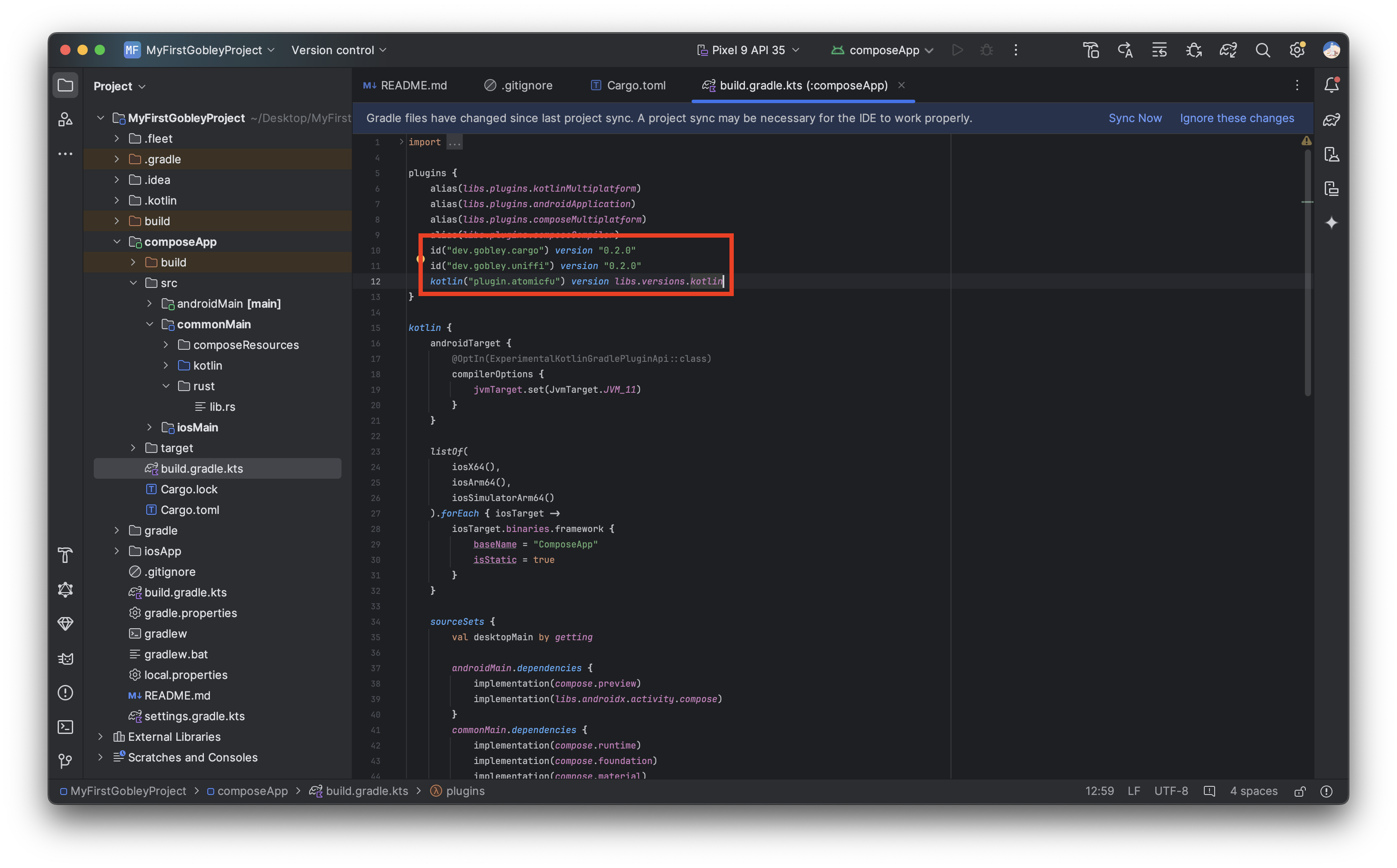 The Android Studio screen after configuring the Gradle plugins
