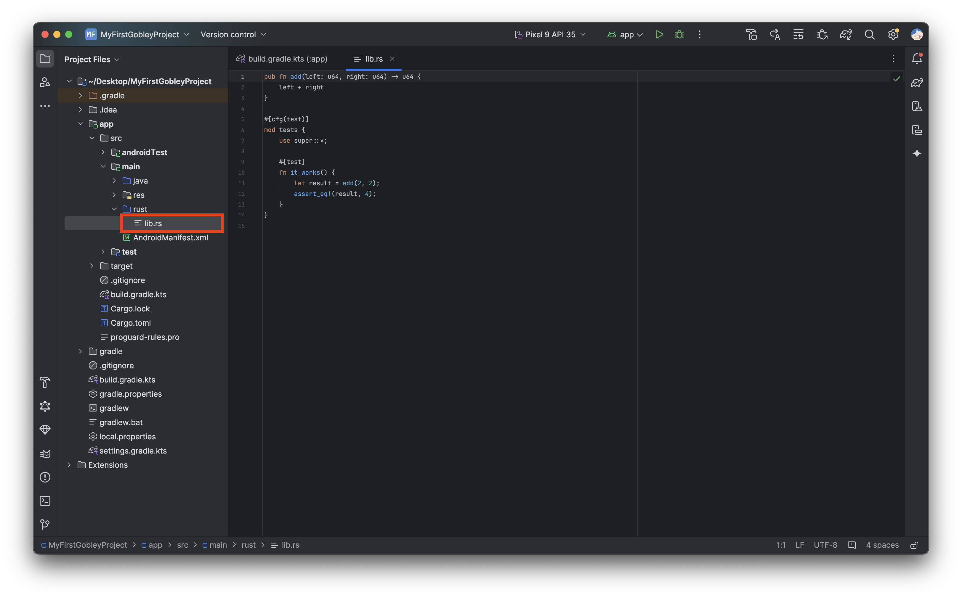 The Android Studio screen after moving lib.rs