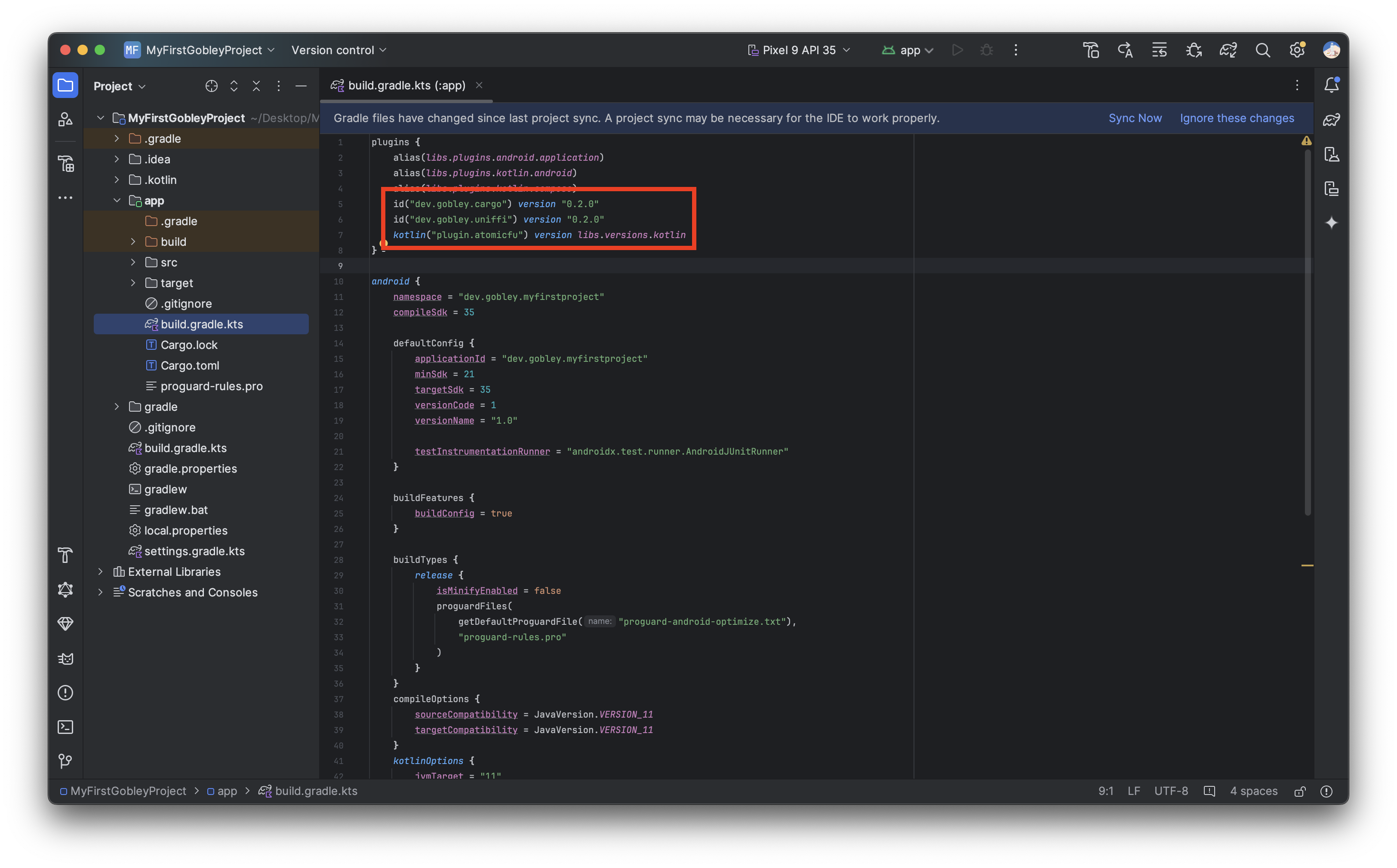 The Android Studio screen after configuring the Gradle plugins