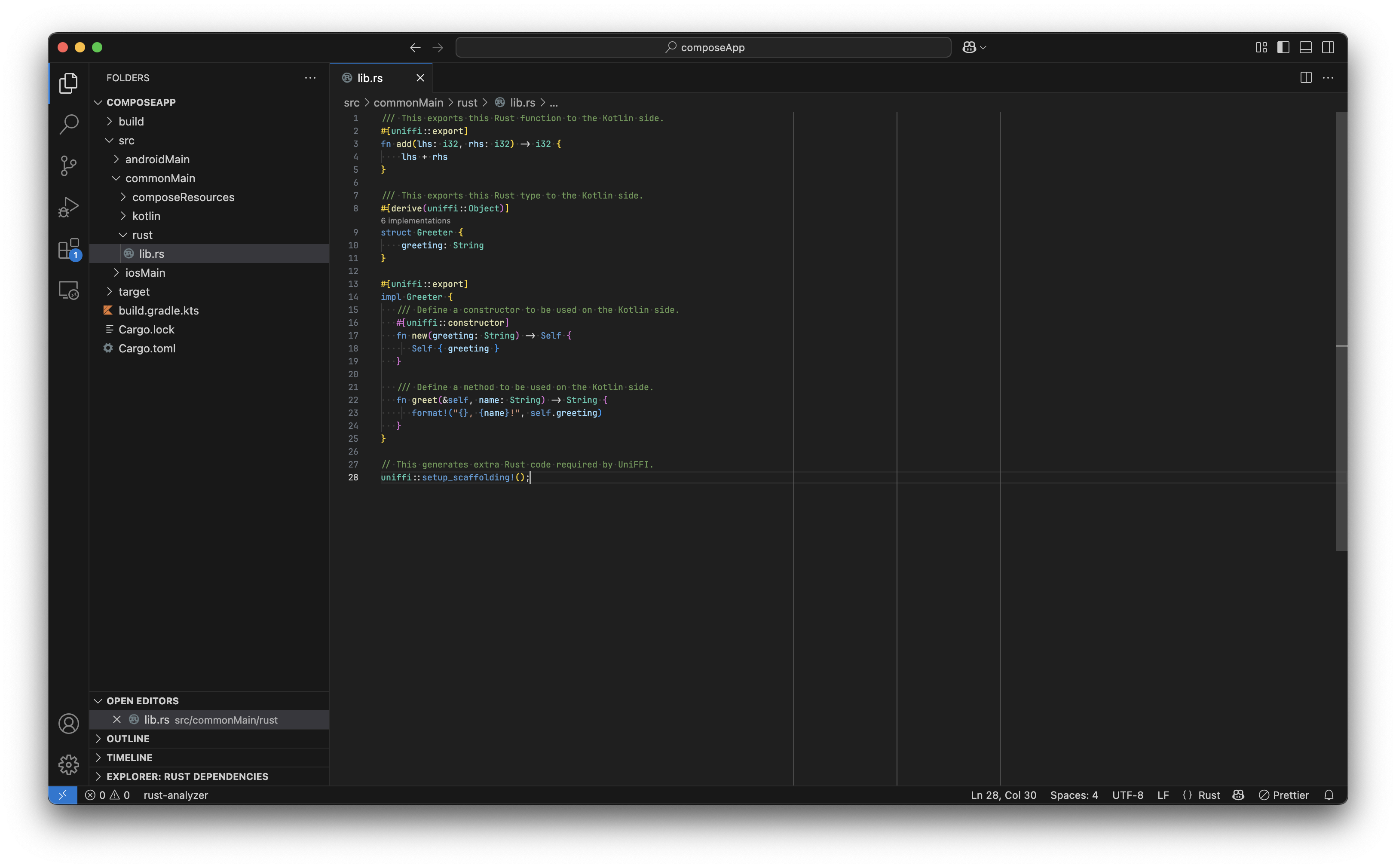 The Visual Studio Code screen after modifying lib.rs
