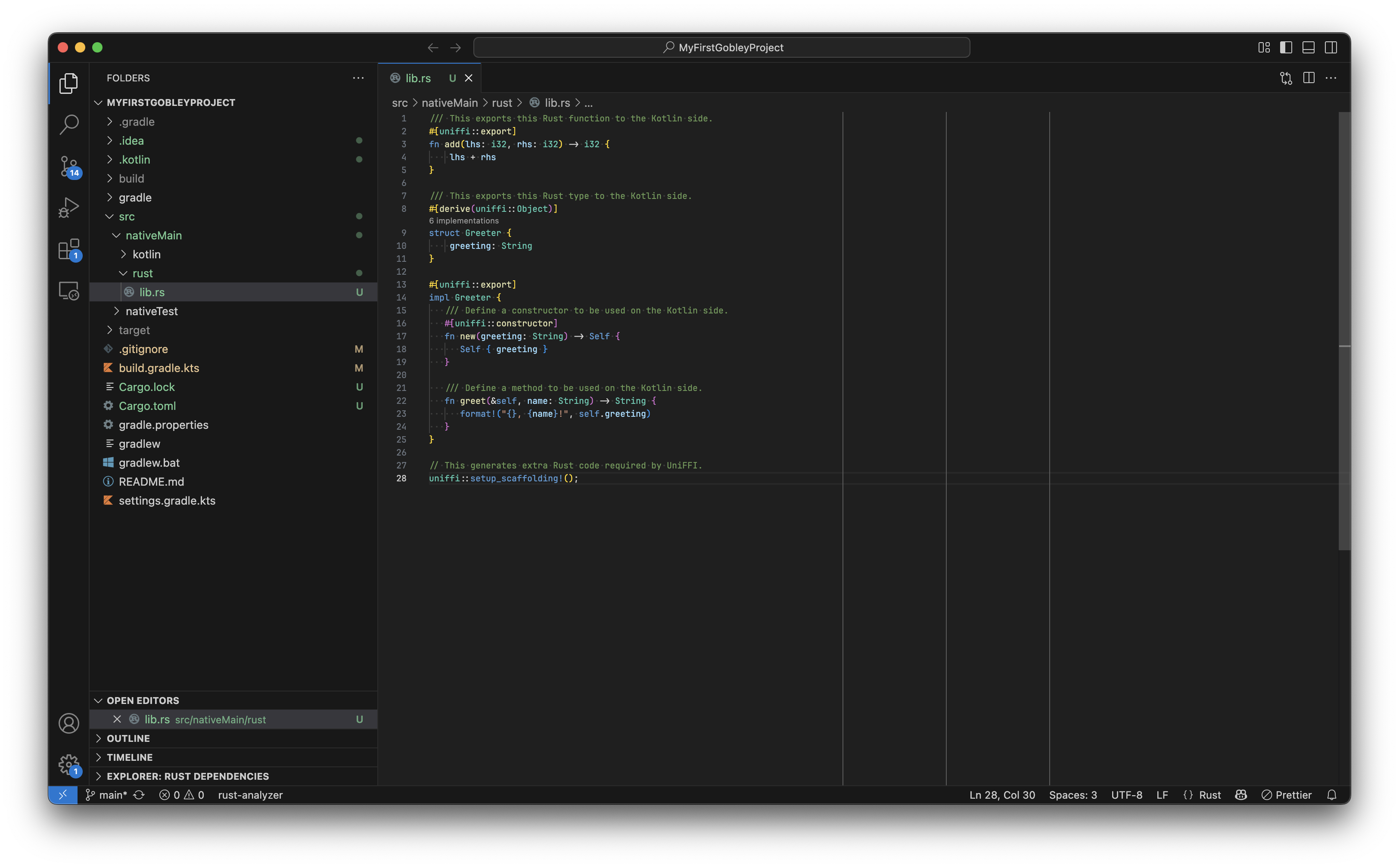 The Visual Studio Code screen after modifying lib.rs