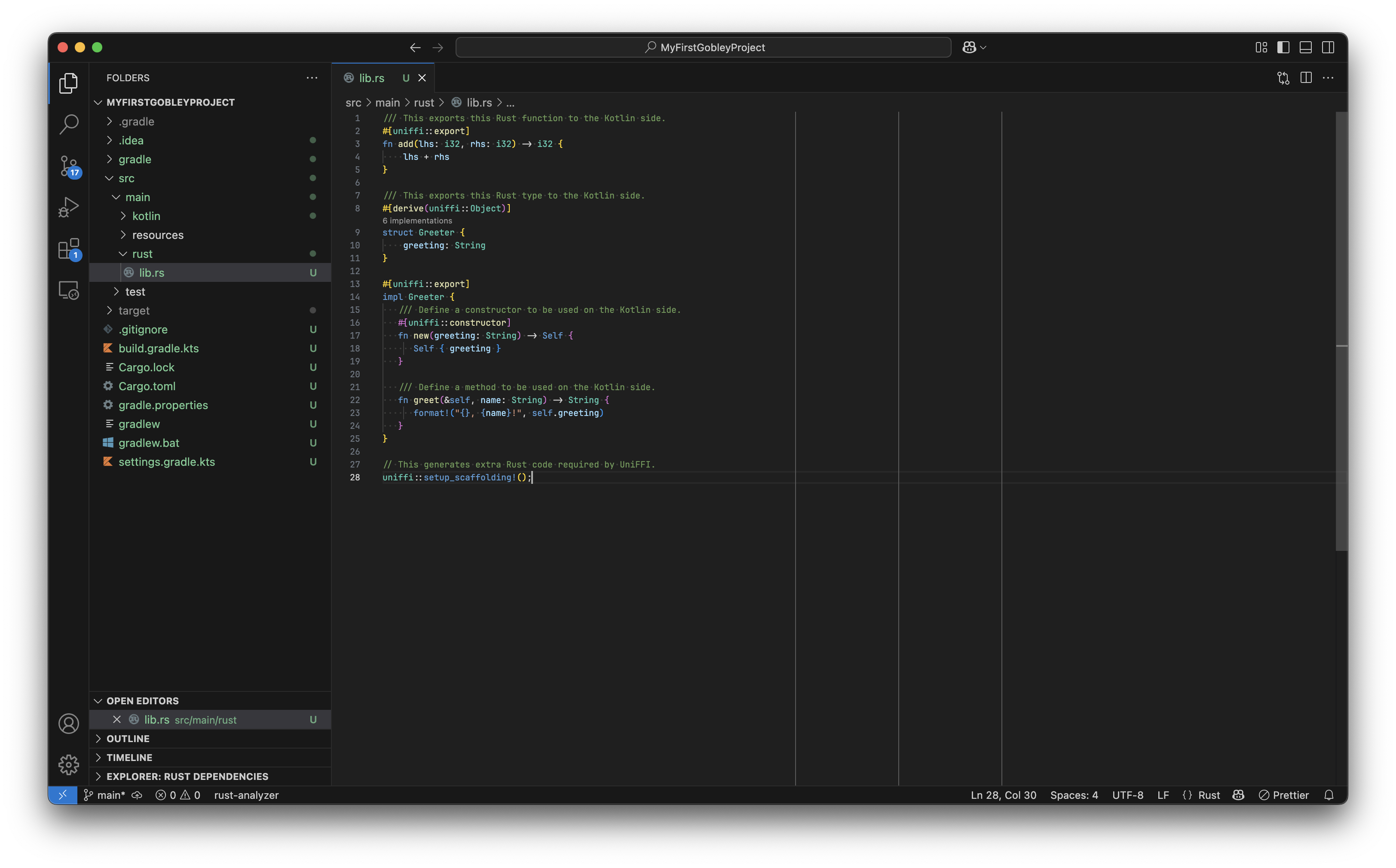 The Visual Studio Code screen after modifying lib.rs