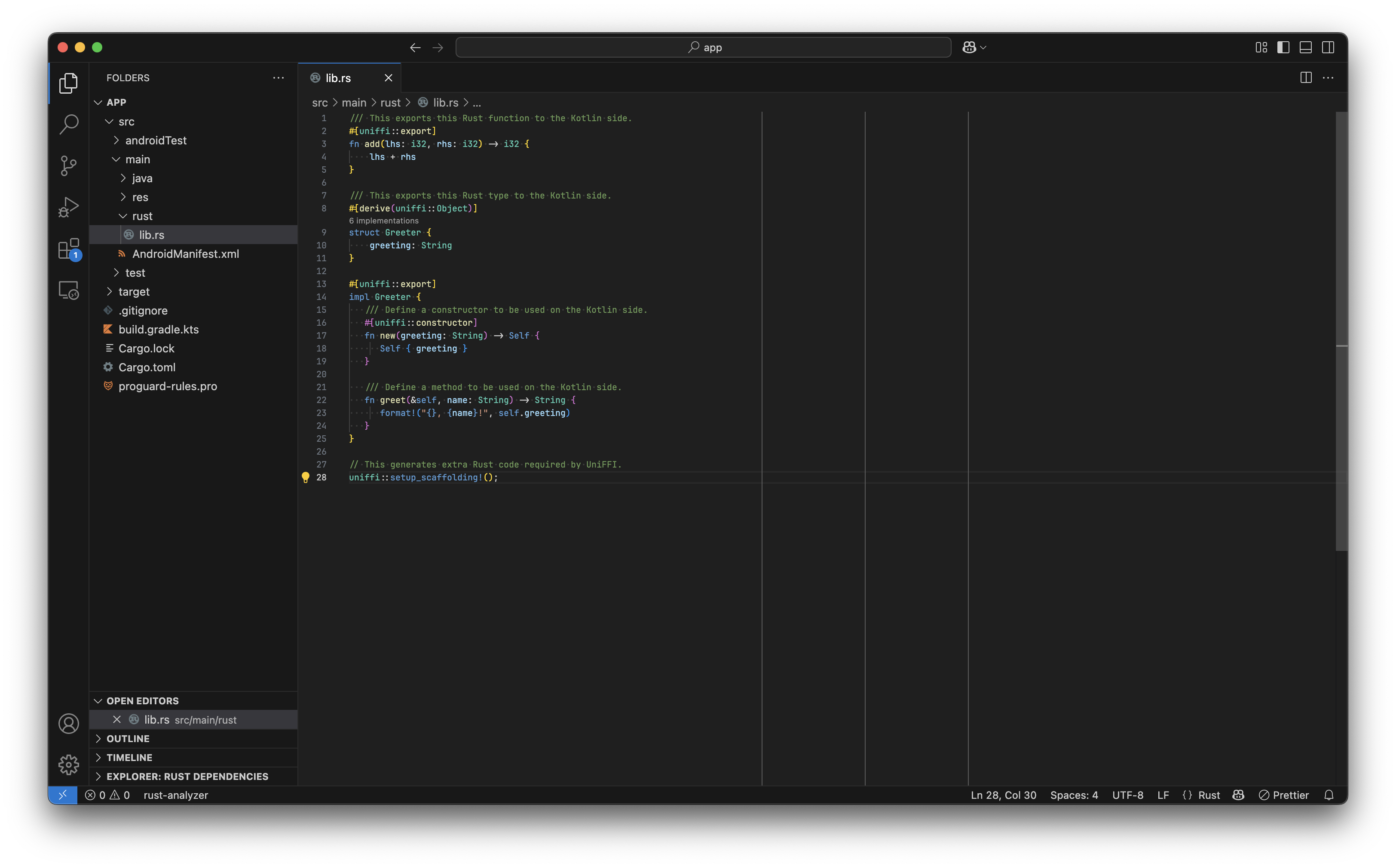 The Visual Studio Code screen after modifying lib.rs