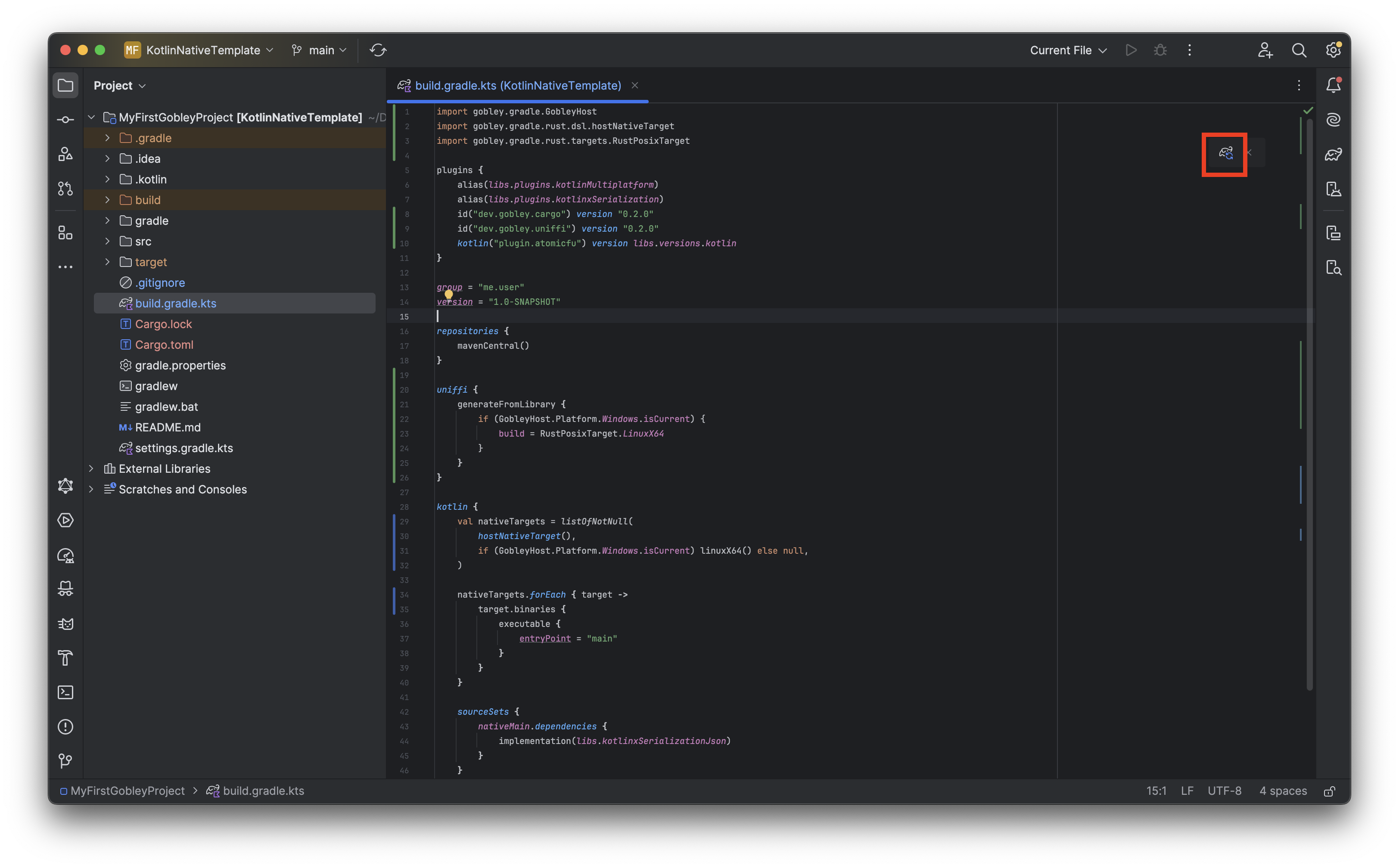 The IntelliJ screen before pressing the Sync Gradle Changes button