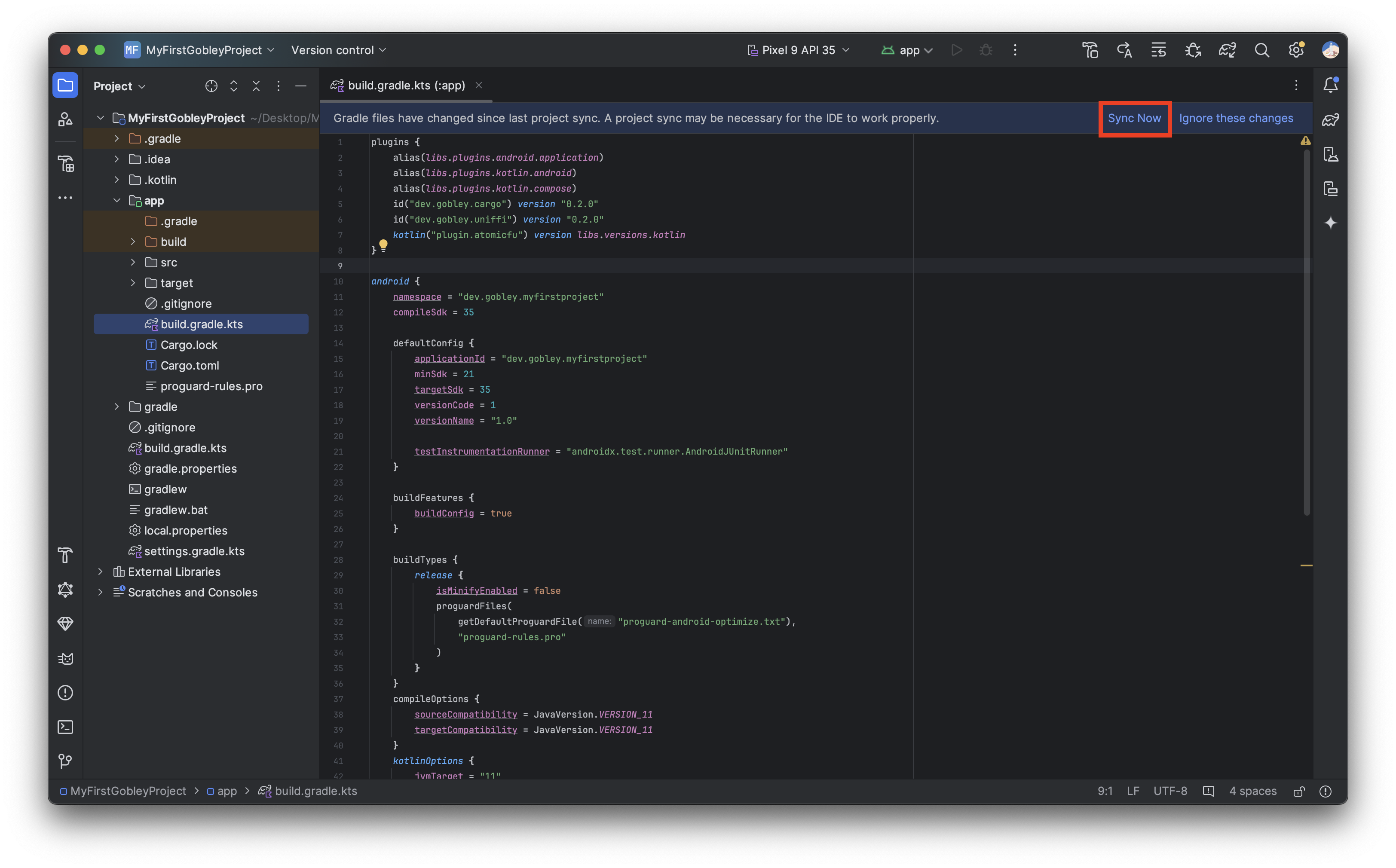 The Android Studio screen before pressing the Sync Now button