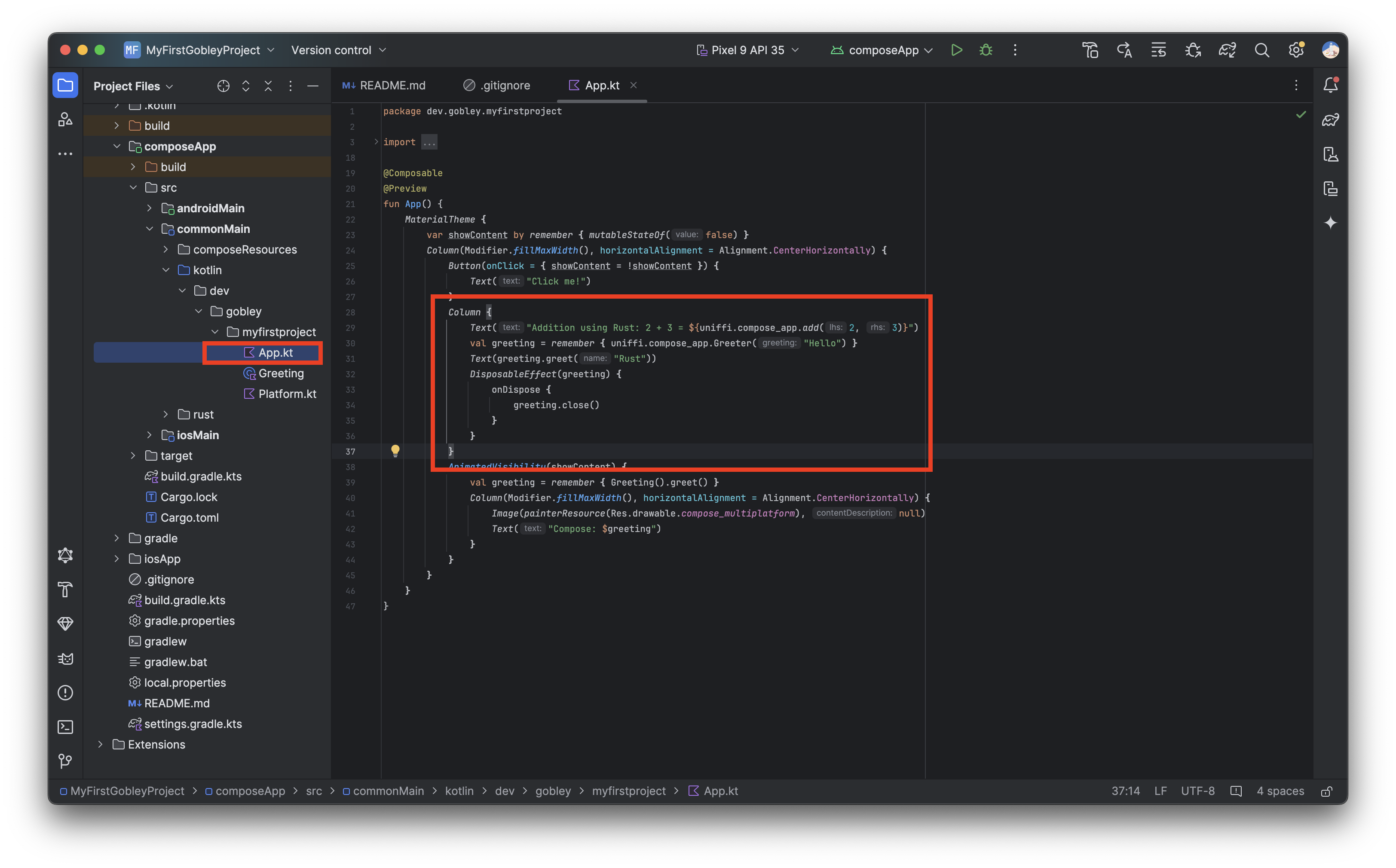 The Android studio screen after modifying the composable function
