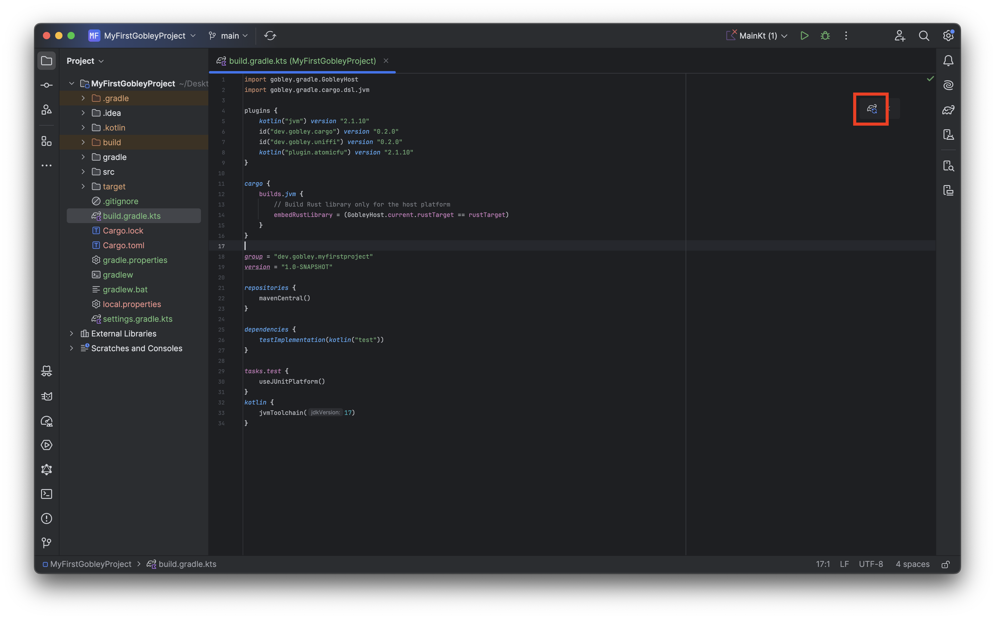 The IntelliJ screen before pressing the Sync Gradle Changes button
