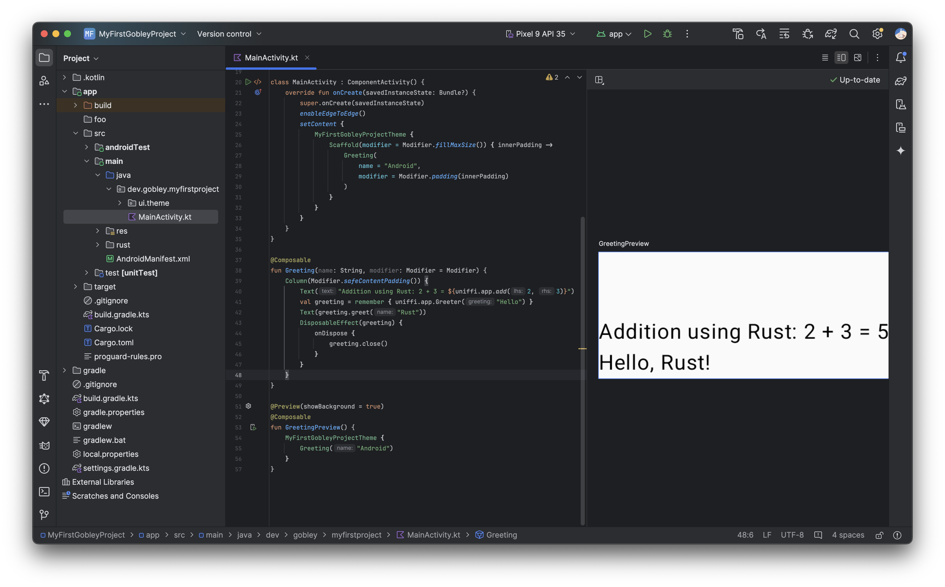 The Android studio screen after modifying the composable function