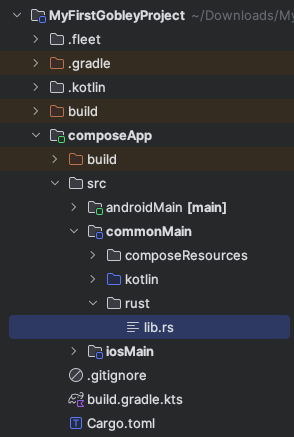 The Android Studio screen after moving lib.rs