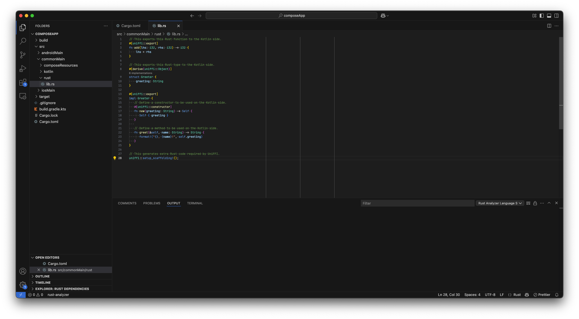 The Visual Studio Code screen after modifying lib.rs